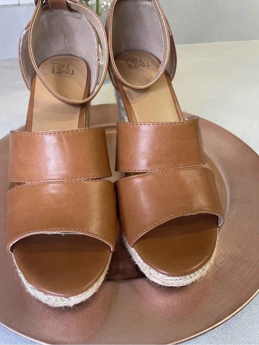 TIME AND TRU Tan Leather-Look Ankle Strap Espadrille Sandals